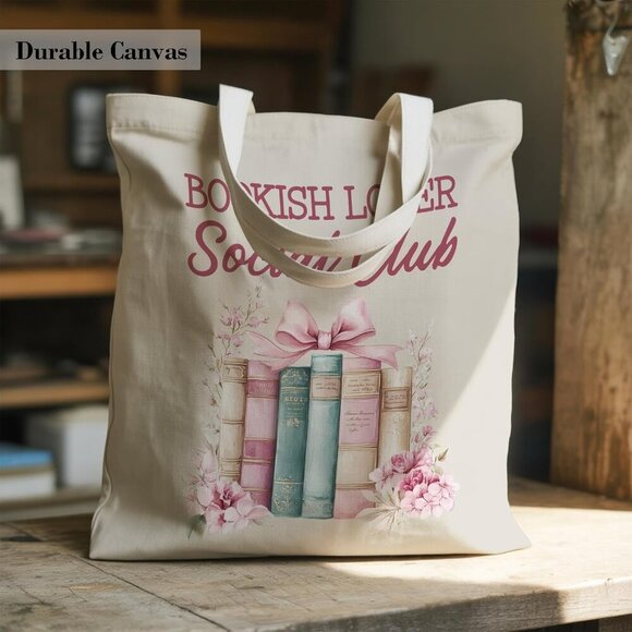 Bookish Lover Tote Bag Canvas Pink Bow Book Club Gift for Women - Picture 3 of 7
